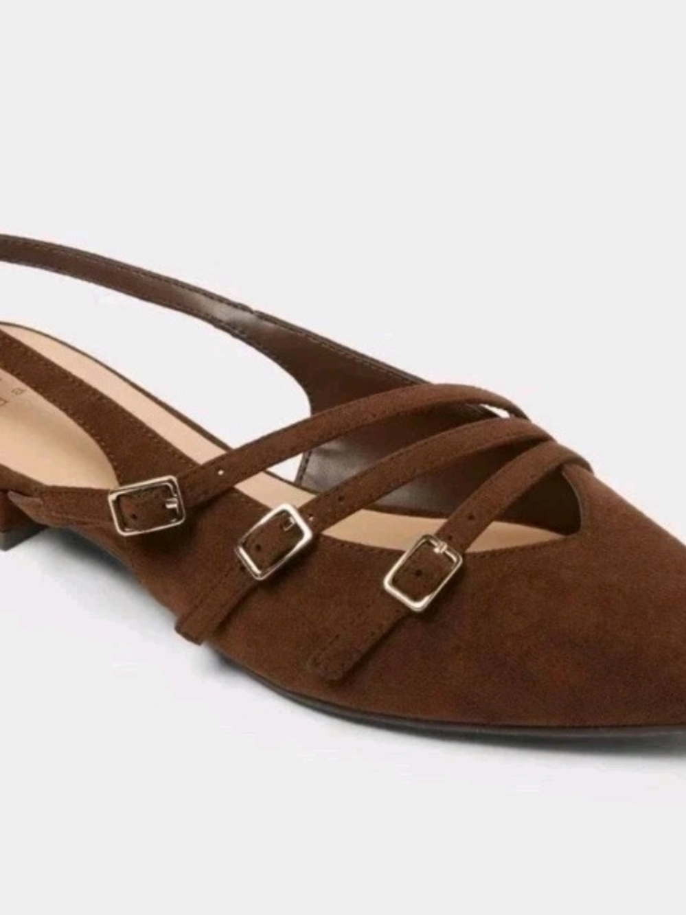 a new day Brown Suede Pointed Slingback Flats with Triple Buckle Straps